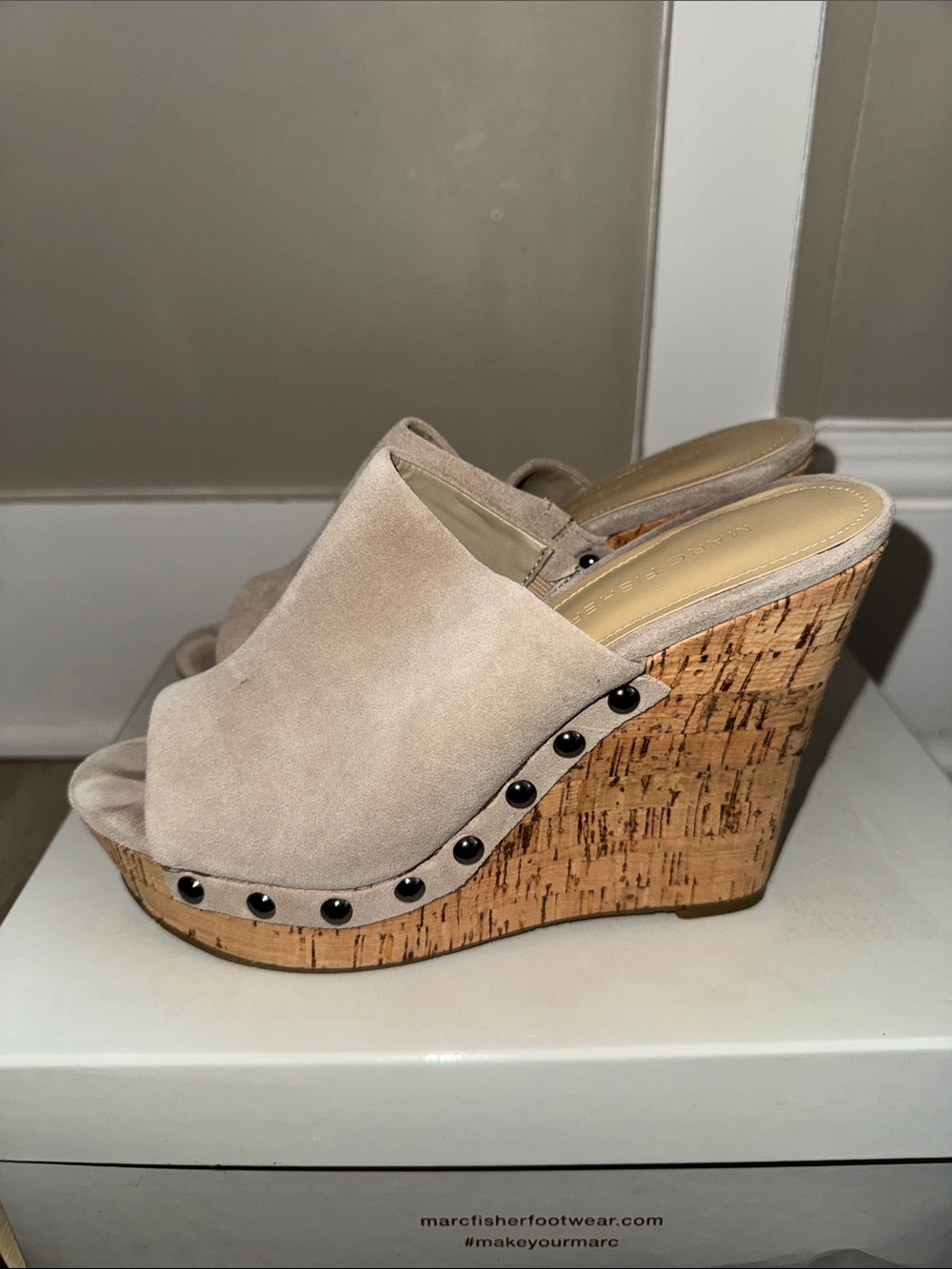 Marc Fisher Beige Suede Cork Stud Wedge Mules